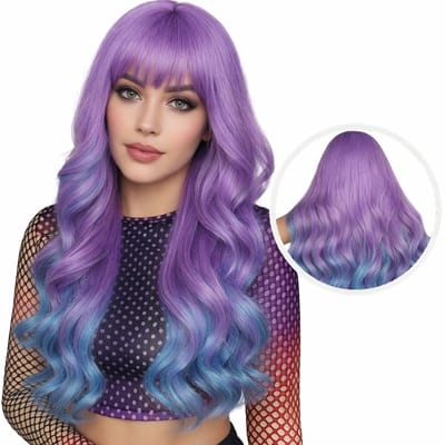 SassyGoods Regenboog Pruik Paars Blauw Pruiken Dames Lang Haar - Wig - Verstelbaar - Wasbaar - Paarse & Blauwe Pruik - 65 cm