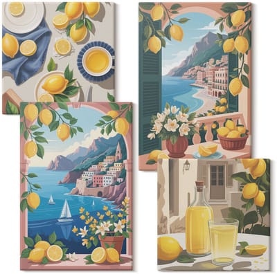Wallfluent Set van canvas schilderijen - Zeezichtraam met Italiaanse citroenen Canvas Schilderijen Set - Set van 4 Canvas Schilderijen - Blauw Set van Canvas Prints - Landschappen Canvas Kunst Set - Boheemse Canvas Kunst Set