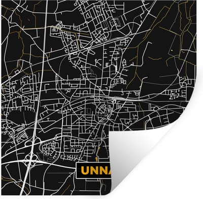 Muurstickers - Sticker Folie - Black and Gold – Stadskaart – Unna – Duitsland – Plattegrond – Kaart - 100x100 cm - Plakfolie - Muurstickers Kinderkamer - Zelfklevend Behang XXL - Zelfklevend behangpapier - Stickerfolie