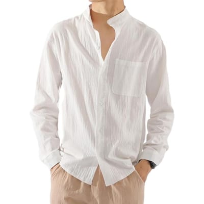 Chemise à manches longues et col montant pour homme, haut avec poche plaquée, simple boutonnage, couleur unie, coupe ample, décontracté, Streetwear M blanc