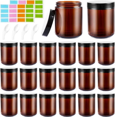 Set van 20 bruine glazen potjes van 240 ml met deksel voor crèmes, lotions en cosmetica