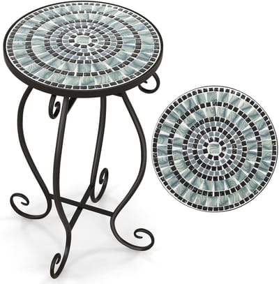 COSTWAY Bijzettafel, mozaïektafel, rond, mozaïek, tuintafel, bistrotafel, diameter 30 x 50 cm, balkontafel van metaal en keramiek, bloemenkruk voor balkon, terras en tuin (zwart + grijs)
