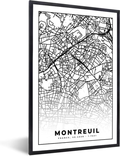 Fotolijst incl. Poster Zwart Wit- Kaart - Plattegrond - Frankrijk - Stadskaart - Montreuil - Zwart wit - 40x60 cm - Posterlijst