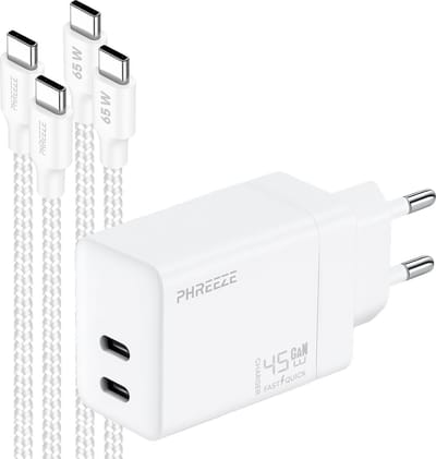 Phreeze usb C charger 45 W - Snellader met 2x usb C kabels 1m - Power Delivery adapter voor smartphone en laptop