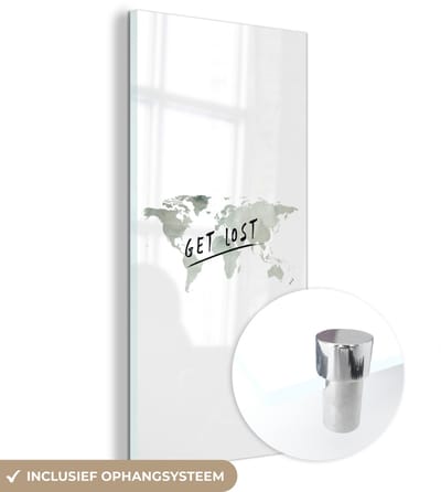 ® Glasschilderij 60x120 cm - Schilderij acrylglas - Wereldkaart - Grijs - Quote - Foto op glas - Muurdecoratie woonkamer - Wanddecoratie slaapkamer - Schilderijen