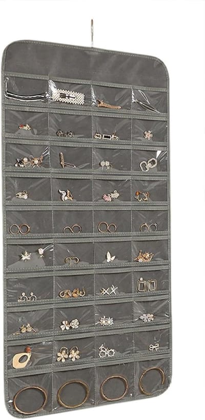 JGS Premium - Hangende sieradenorganizer met opbergvakken en oorbellen - Grijs - Kledingkast accessoire met hangers