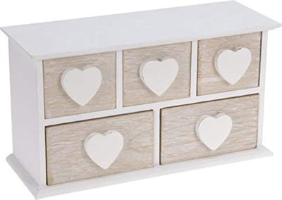 Dailygoods- Sieradenbox met 5 Lades - Houten Opbergdoos - Shabby Chic Look - Afmetingen 24 x 13 x 9 cm - Wit Gelakt - Natuurlijke Uiterlijk
