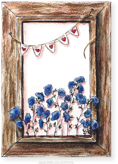 Schilderij met bloemen op wenskaart 10x15cm, illustratie van aquarel en fineliner