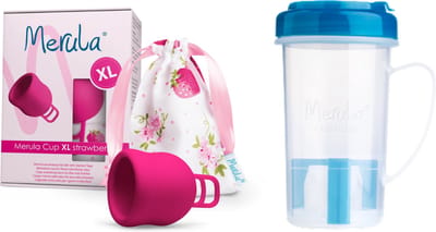 Merula XL Menstruatiecup + Cupscup - Strawberry - Lekvrij - Medisch Siliconen - Magnetron reiniger