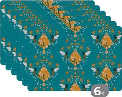Placemat - Placemats kunststof - Bij - Bijenkorf - Patronen - 45x30 cm - 6 stuks - Hittebestendig - Anti-Slip - Onderlegger - Afneembaar