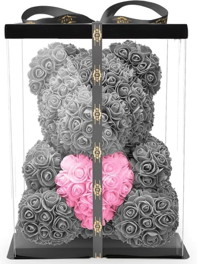 Rozenbeer met geschenkdoos - Bloemenbeer teddybeer - Cadeau geven - Handgemaakt met kunstrozen - ca. 25 cm - Grijs