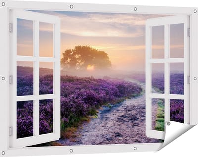 Gards Tuinposter Doorkijk Pad in de Weide van de Veluwe - 120x80 cm - Tuindoek - Tuindecoratie - Wanddecoratie buiten - Tuinschilderij