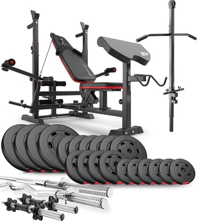 Hop-Sport Verstelbare Halterbank en Krachtstation HS-1075 met Lange Halterstang, Curl- en Korte Halters, Gewichten van 75 kg tot 173 kg, Inclusief Lat Pulldown Station en Optrekstang (105 kg)