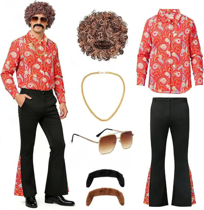 Retro Disco Hippie Kostuum voor Mannen met Shirt, Broek, Peruk, Bril en Ketting - Perfect voor Carnaval en Halloween 70s Feestjes