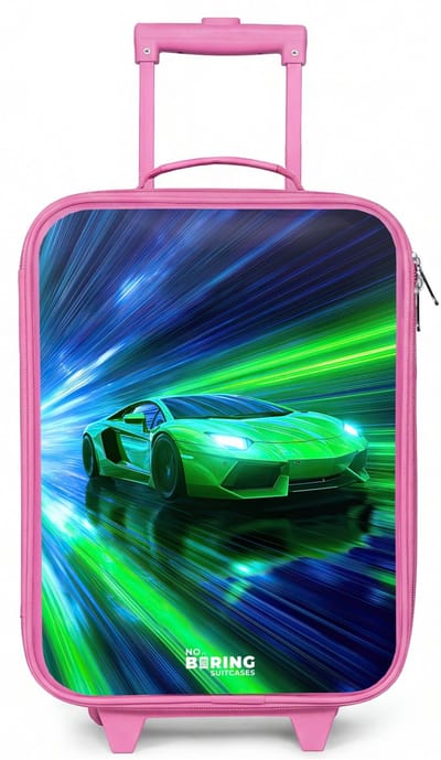 NoBoringSuitcases.com® - Kinderkoffer roze - Kindertrolley meisje - Raceauto - Felgroen - Lichtstralen - Snelheid - Koffer kind lichtgewicht - Reiskoffer trolley voor kinderen - Koffertje met lichtgevende wieltjes - Rolkoffer