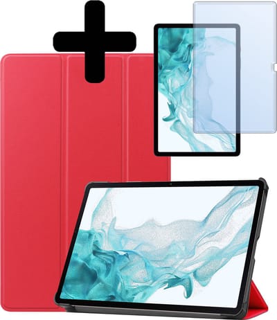 Hoes - Geschikt voor Samsung Galaxy Tab S10 Plus - Met Screenprotector - Trifold Bookcase - Hard Cover Case - Met Uitsparing Geschikt voor S Pen - Hardcover Book - Tablet Hoesje - Rood
