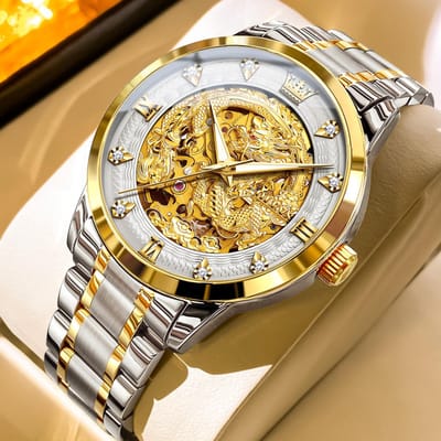 HO-7027.gz : Olevs automatisch & mechanisch edelstalen zilvergoudkl Tourbillon horloge, Red Dragon, witzilverkl wijzerplaat, Skeleton kast, goudkleurig binnenwerk, diamantzirkonia's