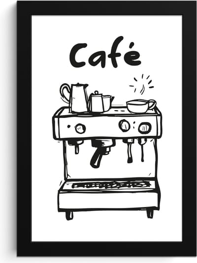 Fotolijst inclusief poster - Posterlijst 20x30 cm - Posters - Illustratie - Café - Koffiemachine - Kopjes - Foto in lijst - Keuken decoratie muur - Wanddecoratie accessoires - Muurdecoratie - Schilderijen