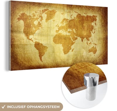 ® Glasschilderij 160x80 cm - Schilderij acrylglas - Wereldkaart - Vintage - Bruin - Foto op glas - Muurdecoratie woonkamer - Wanddecoratie slaapkamer - Schilderijen
