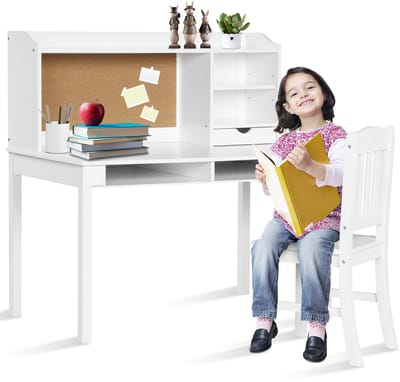 COSTWAY Kinderbureauset met prikbord, bureau voor kinderen met stoel, jeugdbureau met opzetstuk, laden en verstelbaar rek, houten studentenbureau voor kinderkamer (wit)
