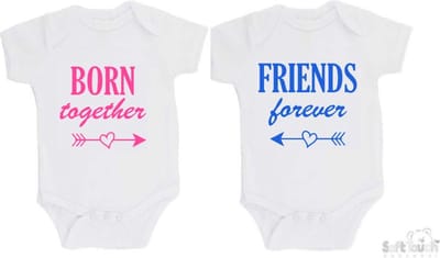 100% katoenen Rompers 2-pack "Born together Friends forever" Jongens Katoen Wit/blauw & Wit/roze Maat 56/62