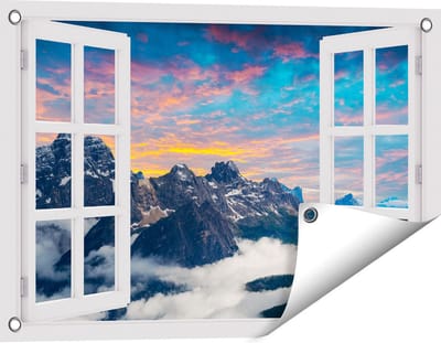 Gards Tuinposter Doorkijk Bergen Landschap met Wolken in Italië - 60x40 cm - Tuindoek - Tuindecoratie - Wanddecoratie buiten - Tuinschilderij