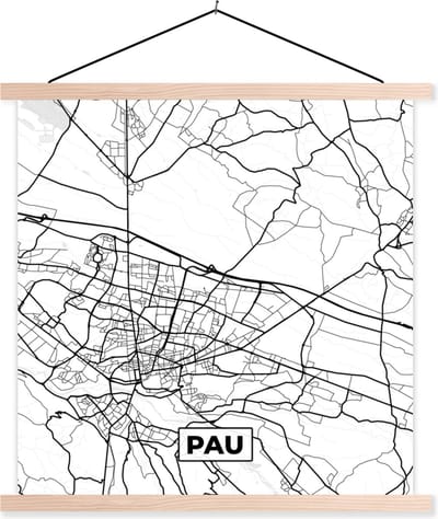 Posterhanger incl. Poster 40x40 cm - Schoolplaat - Frankrijk - Plattegrond - Pau - Stadskaart - Kaart - Zwart wit - Textielposter - Blanke latten - Stadskaart
