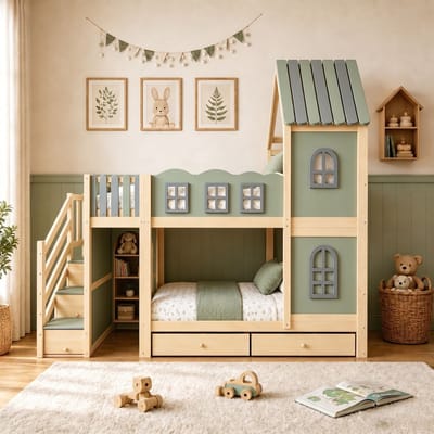 VVBV Huisbed Stapelbed 90x200 cm - Opbergruimte, Planken, Opbergtrap, Huisdesign, Voor Kinderen/Tieners - Hout Groen