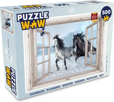 Puzzel Doorkijk - Paarden - Winter - Dieren - Natuur - Wit - Legpuzzel - Puzzel 500 stukjes