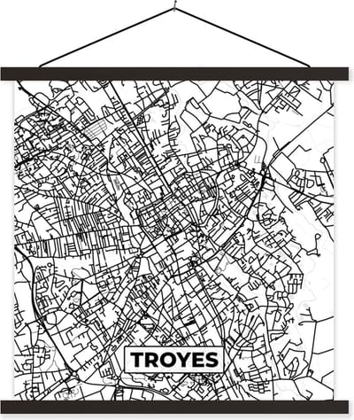 Posterhanger incl. Poster 60x60 cm - Schoolplaat - Stadskaart - Frankrijk - Kaart - Troyes - Plattegrond - Zwart wit - Textielposter - Zwarte latten - Stadskaart