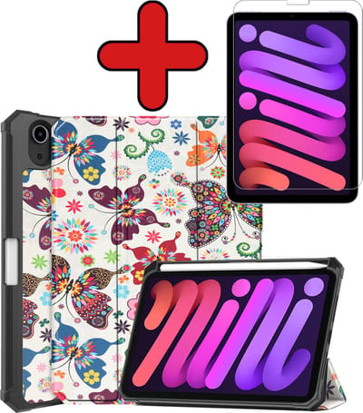 Hoesje - Geschikt voor Apple iPad Mini 6 (2021) - 8.3 inch - 6e Generatie - Met Screenprotector - Trifold Bookcase Hoes - Hard Cover Case - Met Uitsparing Geschikt voor Apple Pencil - Hardcover Book - Tablethoes - Vlinders