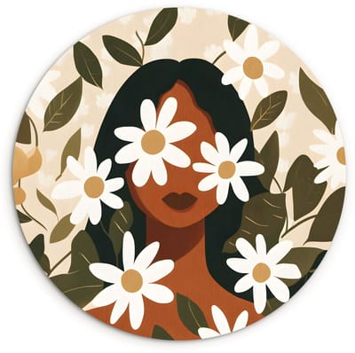 WallCircle® Wandcirkel 120x120 cm - Muurcirkel Illustratie - Vrouw - Madeliefjes - Wit - Muurdecoratie woonkamer - Wanddecoratie slaapkamer - Kamer decoratie accessoires - Ronde schilderijen XXL