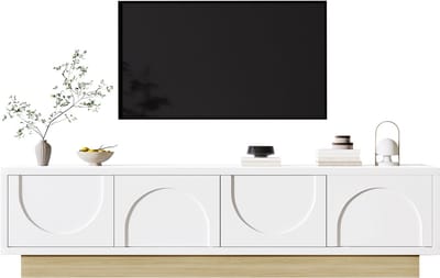 TV-Meubel - 175 cm - Met Opbergruimte En Kabelmanagement - Gebogen Design - Houtlook - Wit