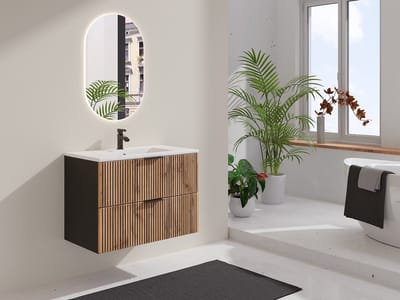Vente-unique Geribbeld zwevend meubel onder wastafel - Licht naturel en zwart - 80 cm - MADELA