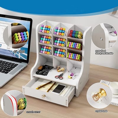 Famanu - Houten bureau-organizer Multifunctioneel bureaublad briefpapier Pennenhouder Doos voor thuiskantoor Schoolbenodigdheden Opbergrek met lade (Wit)
