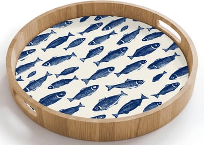 Dienblad rond 40x40 cm - Schootdienblad hout - Vissen - Patroon - Blauw - Wit - Borrelplank rechthoek - Plateau houten dienbladen