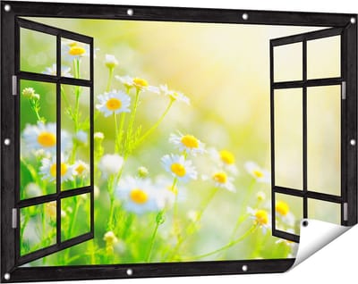 Gards Tuinposter Doorkijk Witte Kamille Bloemen met Zonneschijn - 120x80 cm - Tuindoek - Tuindecoratie - Wanddecoratie buiten - Tuinschilderij