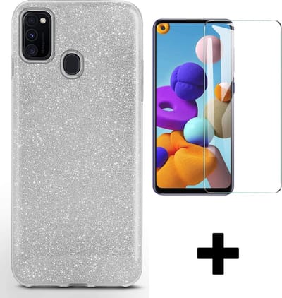 HB Hoesje Geschikt voor Samsung Galaxy A20S - Zilver - Glitter Back Cover + Tempered Glazen Screenprotector