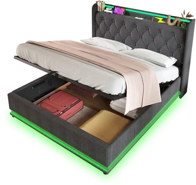 Gestoffeerd bed 180x200 cm, grijs, led-verlichting met afstandsbediening/app, hydraulisch verstelbaar bed, gestoffeerd hoofdeinde met USB Type-C (zonder matras)