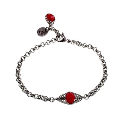 16cm tot 19cm Armband Dames - RVS Zilverkleur - Ronde Schakelarmband met Rode Kristal Visgraatschakel - Verstelbaar