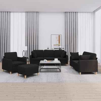 vidaXL - 4-delige - Loungeset - met - kussens - stof - zwart