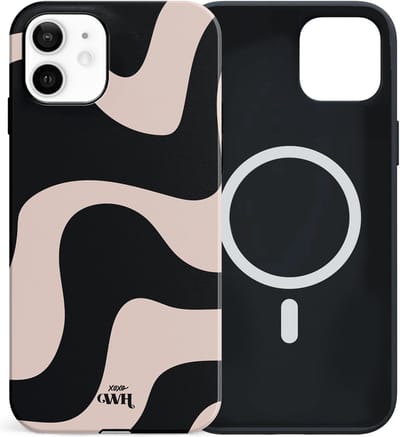 xoxo Wildhearts siliconen hoesje geschikt voor iPhone 12 MagSafe hoesje - Ride With Me - Double Layer - Magnetisch telefoonhoesje - Magneet case - Backcover met dubbele beschermlaag - Golvenprint - Golvend patroon - golven - Beige / Zwart