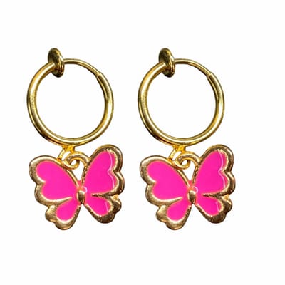 Klem oorbellen -goudkleurig- vlinder- roze-geen gaatje-Charme bijoux