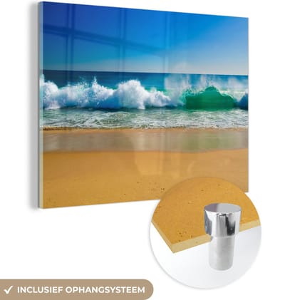 MuchoWow® Glasschilderij 40x30 cm - Schilderij acrylglas - Zee - Golf - Strand - Foto op glas - Muurdecoratie woonkamer - Wanddecoratie slaapkamer - Schilderijen