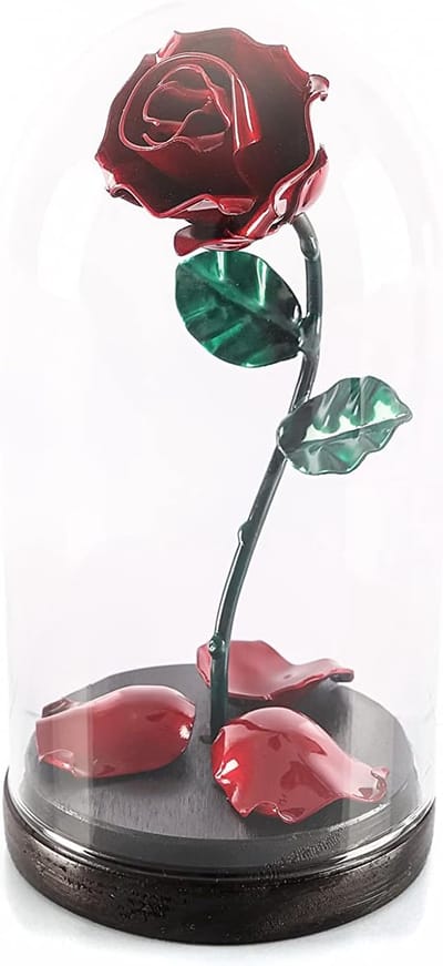 Betoverde Roos - Gesmede Bloem - Romantisch Cadeau - Handgesmeed Metaal - 10x10x20 cm - Rood Groen
