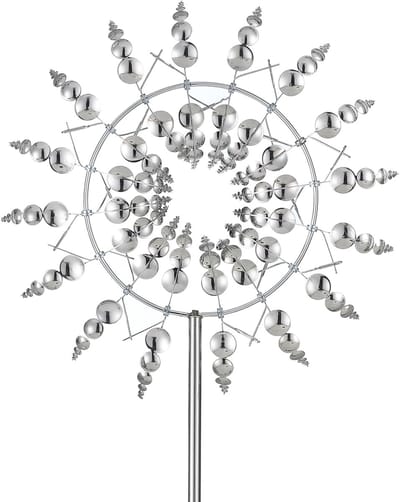Zilveren magische 3D windmolen 32cm | 360° draaiende metalen windvanger | Sierlijke sculptuur als decoratie voor tuin en terras