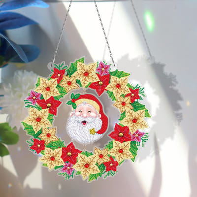 Raamhanger - 03 - Kerstman met bloemen - Diamond painting - compleet pakket - Diamond painting by Wietske