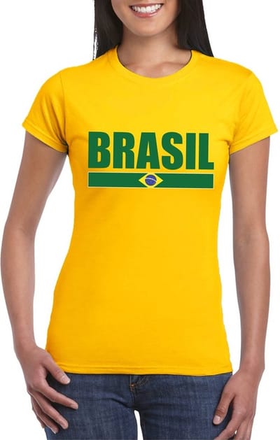 Brazilie supporters kleding t-shirt - voor dames - geel - met vlag kleuren print - korte mouwen S