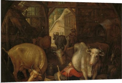 Forex - Oude meesters - Koeien in stal; Heksen in de hoeken, Roelant Savery - 120x80cm Foto op Forex