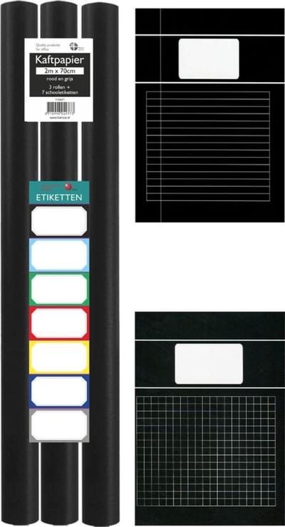 Benza Basic Schoolpakket - 3 rollen Kaftpapier - Schriften A4 5 x Lijn & 5 x Ruit - Zwart